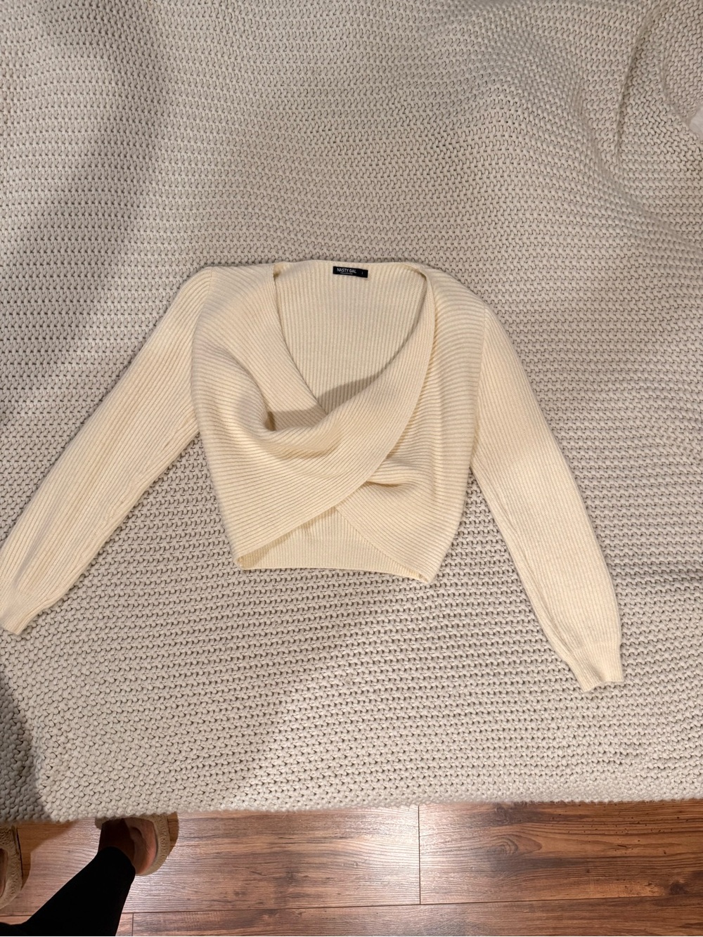 Nasty Gal Cream Ribbed Wrap V-Neck Crop Sweater